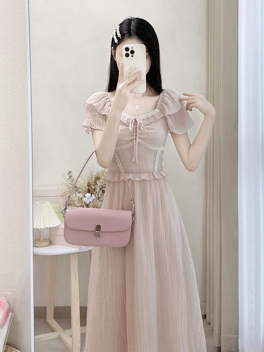 Platycodon French gentle style small flying sleeve dress women's summer texture high-end waist slimming fairy long dress