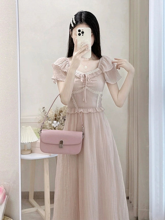 Platycodon French gentle style small flying sleeve dress women's summer texture high-end waist slimming fairy long dress