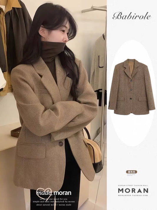 Retro high-end woolen suit jacket autumn and winter thick woolen casual small suit short coat temperament for small people