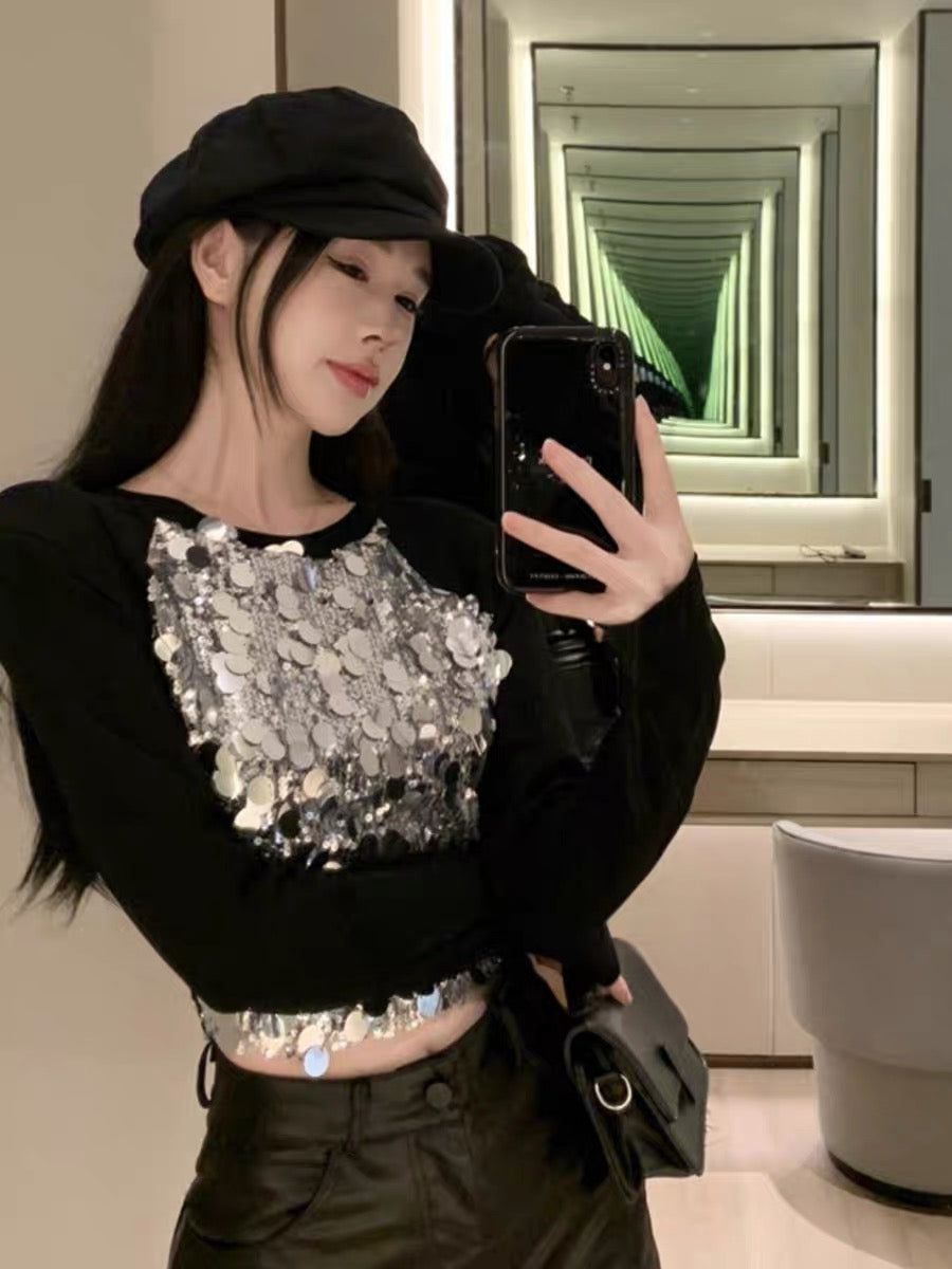 Early autumn heavy industry large sequined long-sleeved T-shirt for hot girls with tight-fitting design, fashionable and contrasting color splicing short top