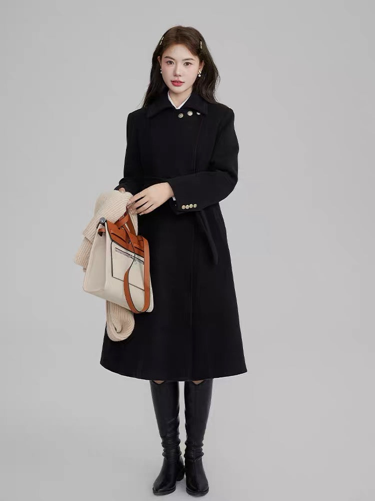 Volstagg 100 wool black double-sided woolen coat for women autumn and winter Hepburn style mid-length woolen coat