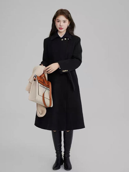 Volstagg 100 wool black double-sided woolen coat for women autumn and winter Hepburn style mid-length woolen coat