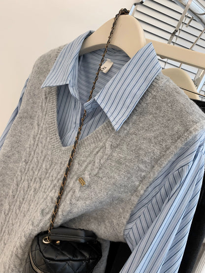 Gray V-neck sweater vest for women in spring and autumn. Small shirt with knitted vest. Layered two-piece spring outfit