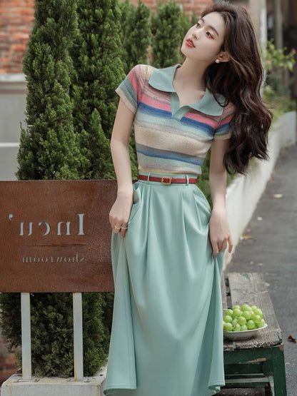 Polo collar summer ice silk college style knitted striped short-sleeved top and blue suit skirt two-piece set