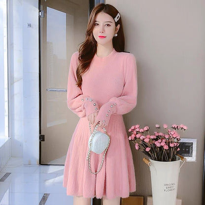 Lolita Mink Velvet Sweater Dress Women's Autumn and Winter 2023 New Sleeve Sleeves Small People Show High Bottoming Skirt