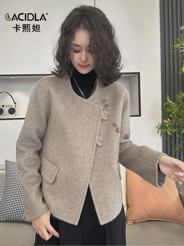 Short double-sided cashmere women's coat autumn and winter fashionable round neck slim retro buttoned woolen coat jacket top