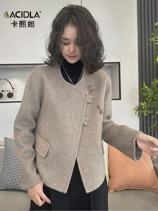 Short double-sided cashmere women's coat autumn and winter fashionable round neck slim retro buttoned woolen coat jacket top