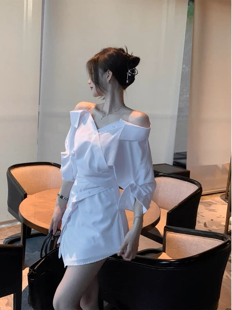 white shirt dress off the shoulder EUSKY IIWAN design white shirt dress for women spring and summer new v –  Lee Nhi Boutique