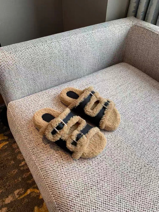 Slippers women's outerwear winter 2023 new fashion all-match belt buckle genuine leather comfort plus velvet thick bottom fur mop