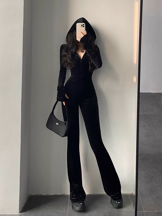 YoungGirlDay European and American style fashionable black velvet slim slim hooded zipper long-sleeved boot-cut jumpsuit (B1814)
