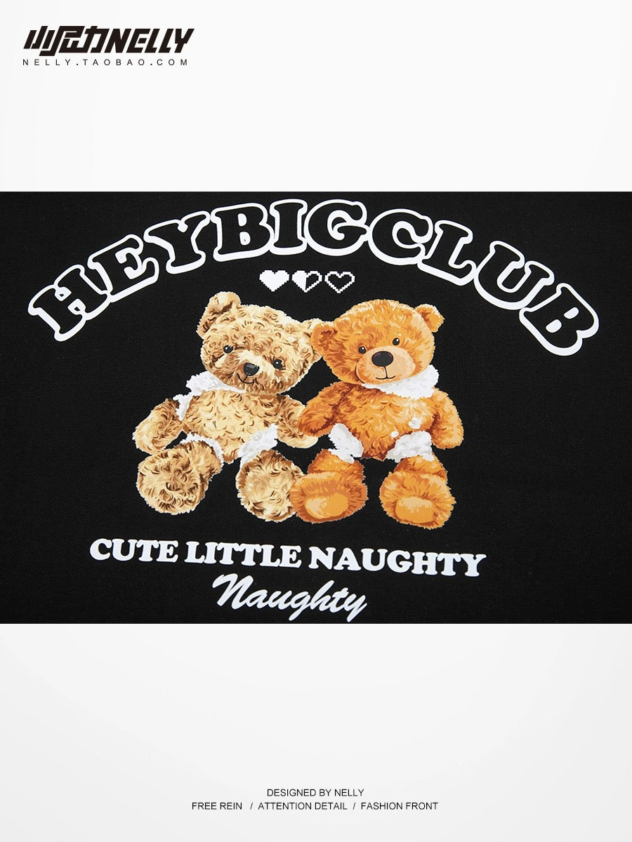 Short-sleeved T-shirts for men and women in summer new American loose bear print tops cityboy couple casual T-shirt trend