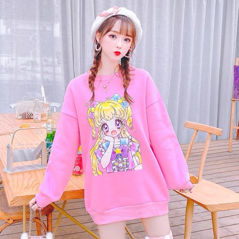 Winter heavy-duty studded Sailor Moon velvet thickened sweatshirt for women, lazy style, loose and slim, mid-length top