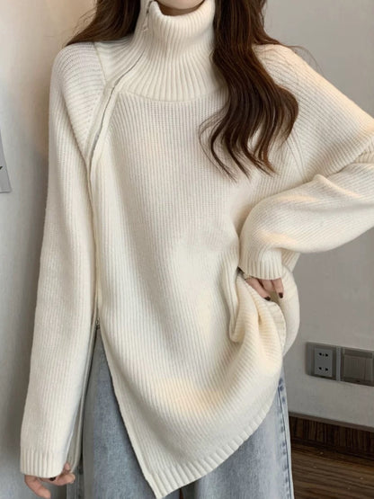 Plus size women's fat women's lazy style loose side zipper turtleneck sweater top women's autumn mid-length long-sleeved sweater