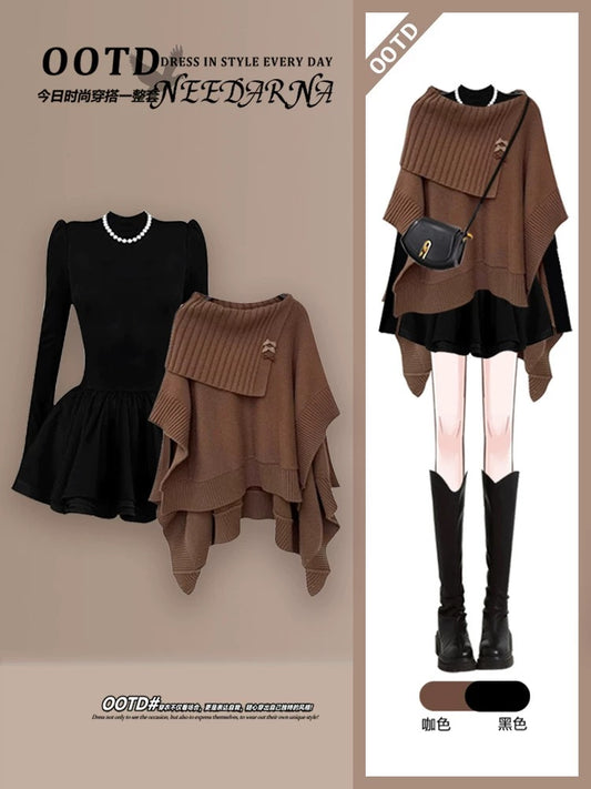 Winter retro Maillard outfit black long-sleeved dress autumn Korean style atmosphere fishing style dating puffy skirt