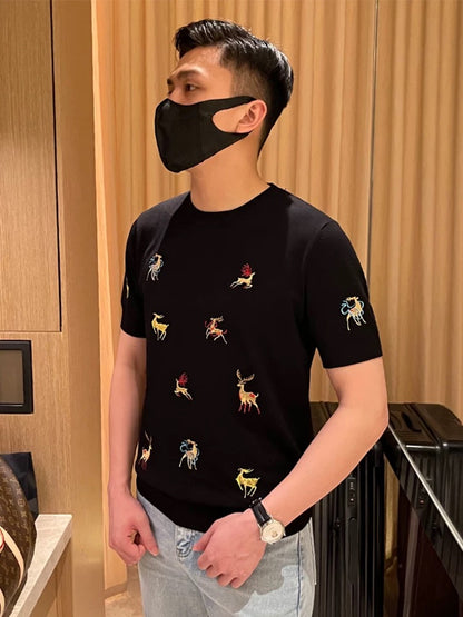 Yomobrother fashion colorful deer embroidery men's T-shirt summer new slim knitted short sleeve 2024 new men