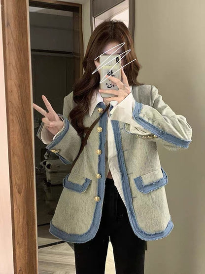 French-style small fragrance shoulder pad suit jacket women's early spring and autumn temperament high-end denim splicing top small man