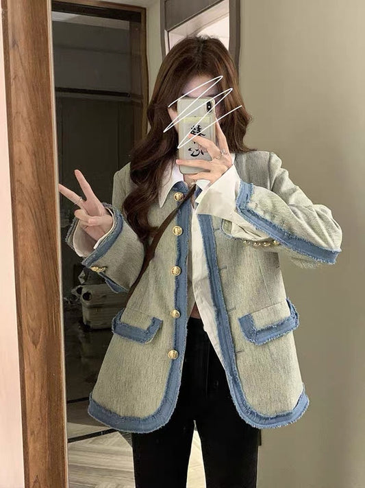 French-style small fragrance shoulder pad suit jacket women's early spring and autumn temperament high-end denim splicing top small man
