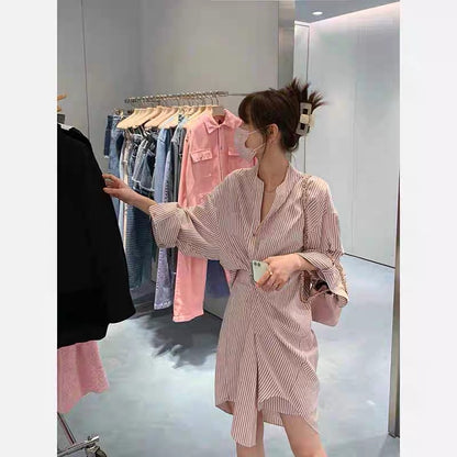 New spring and autumn French sweet age-reducing pink striped shirt skirt design irregular pleated dress