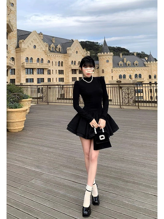 Aunt Barbie New Year's gown little black dress gold dress for women autumn and winter wear knitted princess tutu skirt birthday dress