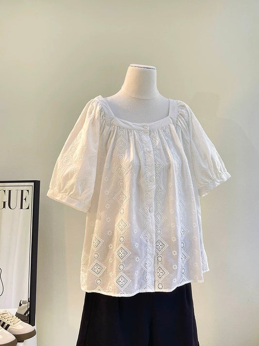 The last wave of new styles in summer ~ square collar short-sleeved white shirt for women with heavy embroidery and hollow shirt design tops