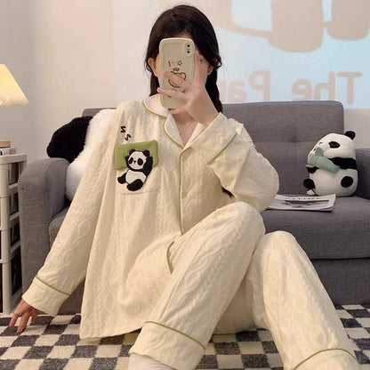 Pajamas women summer cardigan long-sleeved trousers suit summer ladies 2024 new cartoon spring autumn winter home clothes