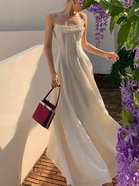 XIAOLI Flower Gardenia Morning Dew Acetate Suspender Dress Spring French Temperament Gentle Style A-line Dress
