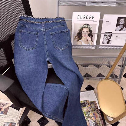 Korean version of the trendy brand ins heavy industry chain jeans women's spring and summer high waist thin straight leg mopping wide leg pants