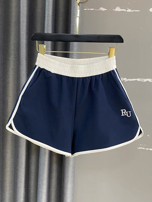 Summer popular sports shorts women 2023 new elastic waist hit color slit loose wide legs super A word hot pants ins
