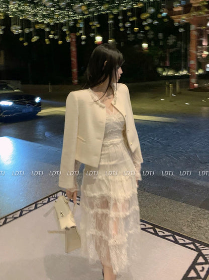 LDTJ Haute Couture 23 Autumn and Winter New Celebrity Banquet Date French Atmosphere Pure Desire Lace Bottoming Fairy Dress for Women