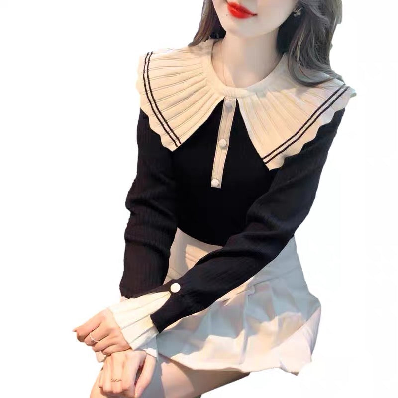 Baby doll collar long-sleeved sweater sweater for women 2023 new autumn and winter versatile small fragrance style slim bottoming shirt top