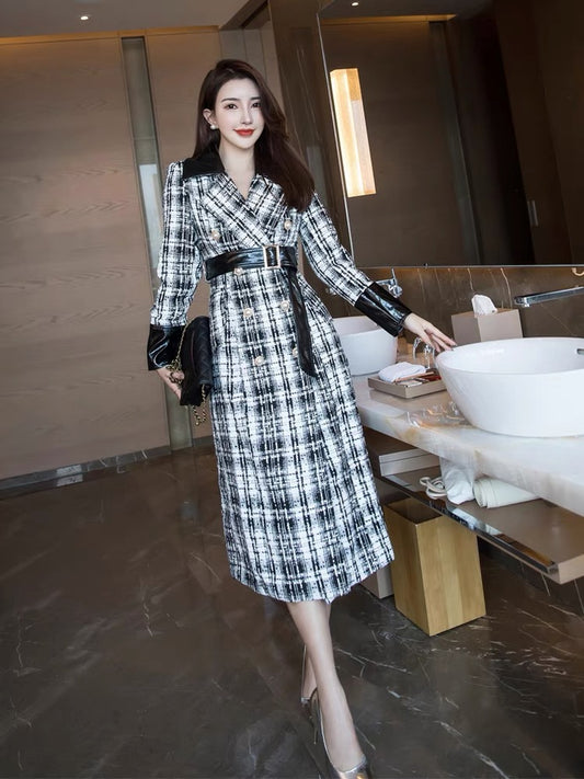 Wool plaid coat women's mid-length 2023 winter new style small fragrant style double-breasted lace-up cotton coat over the knee