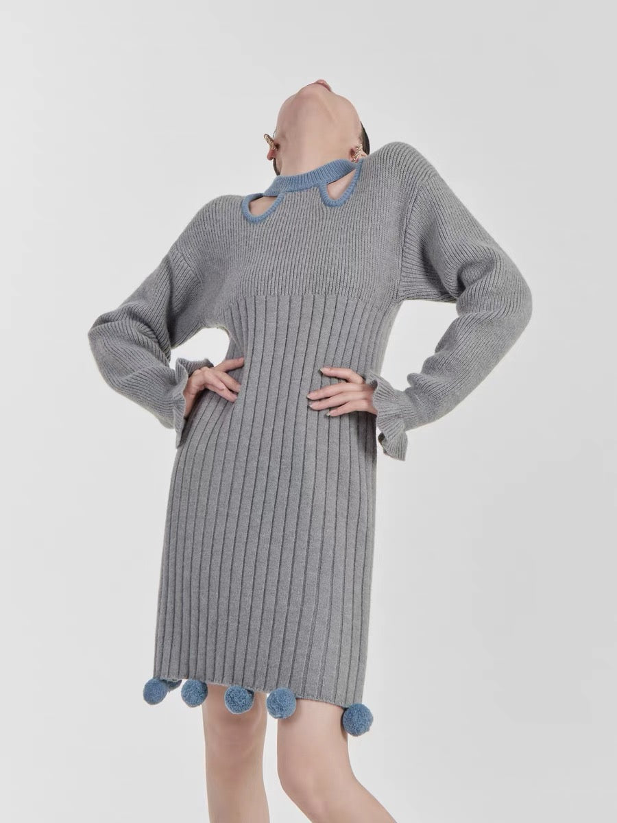 Lyric knitted dress with fur ball off-the-shoulder design, coat and skirt, women's underwear with bottoming skirt and sweater dress (S0398)