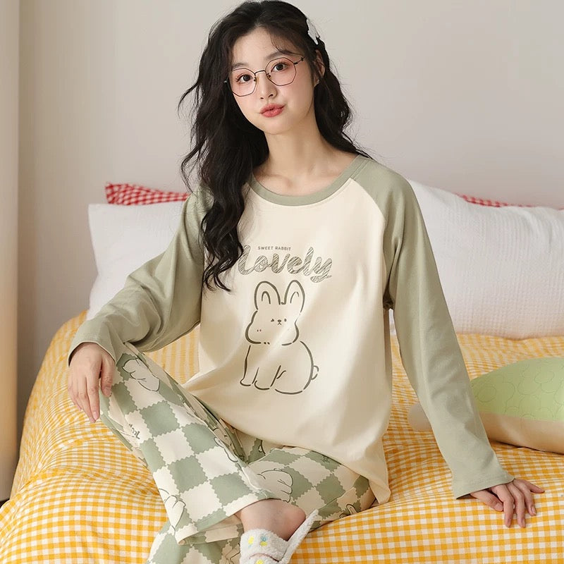 Pajamas for women Spring and Autumn 2024 new long-sleeved cotton large size summer cute autumn and winter home clothes suit