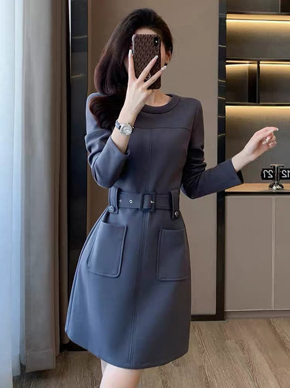 2023 Autumn New Simple Commuting Temperament Short Skirt Women's Light Luxurious Elegant Waist Slimming Long Sleeve Dress D7798