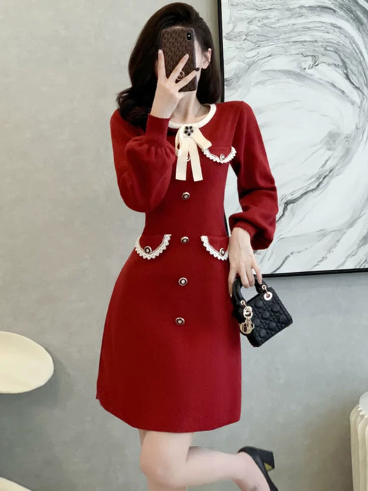 French socialite red knitted dress for women in autumn and winter, waist-cinching, sweet temperament, bow, slimming A-line sweater dress