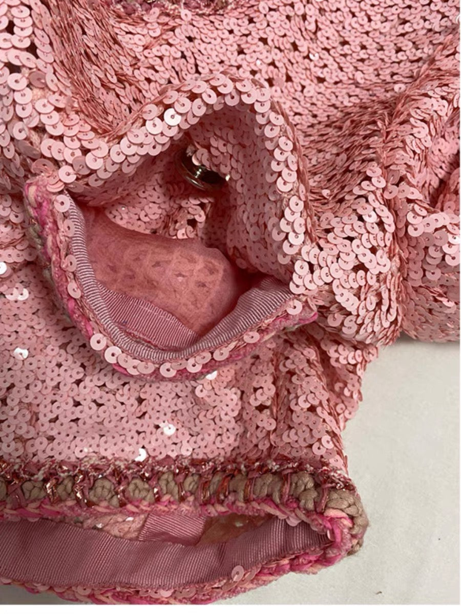 2023 Early Autumn New Pink Full Glitter Sequins Socialite Small Fragrance Style Jacket Women's Round Neck Double Pocket Short Top