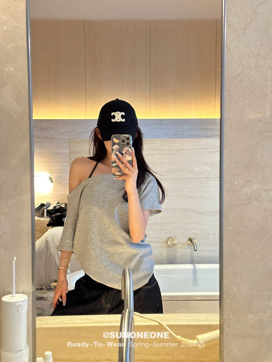 SUNONEONE lazy style off-shoulder T-shirt women's autumn new long-sleeved oblique shoulder one-shoulder design short-sleeved top