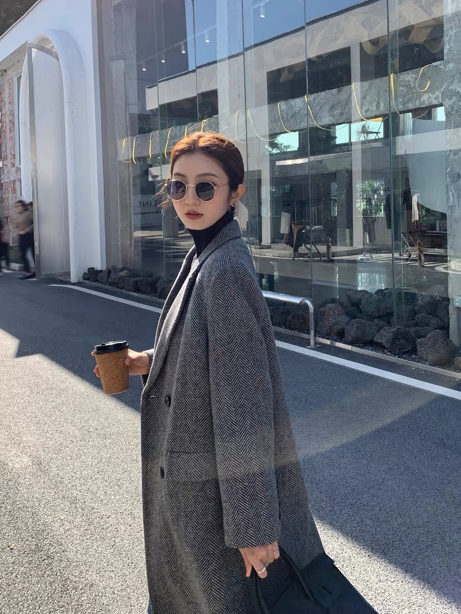 MULVAN Gray Herringbone Wool Coat Women's 2023 Autumn and Winter