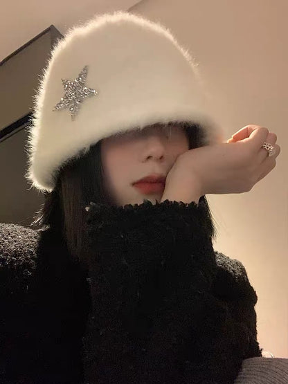 White rabbit fur fisherman hat for women in autumn and winter, Japanese-style face-showing small warm bucket hat, Korean style large head circumference plush hat