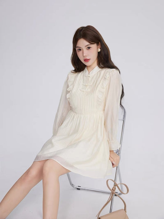 Volstagg French New Chinese Dress Feminine and High-end Ruffled Plate Button Waist Beige Skirt