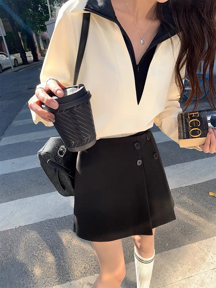 Yang Paopao Cream Apricot Stacked Fake Two-piece Shirt Women's 2023 Spring New Loose Korean Style Versatile Top