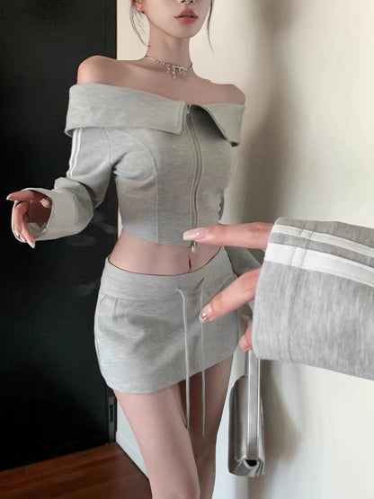 MOXI gray American sports casual one-shoulder college bag hip hot girl skirt drawstring embroidery suit