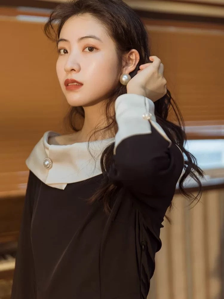 Autumn women's French design niche retro one-line collar black dress Hepburn style little black skirt dress