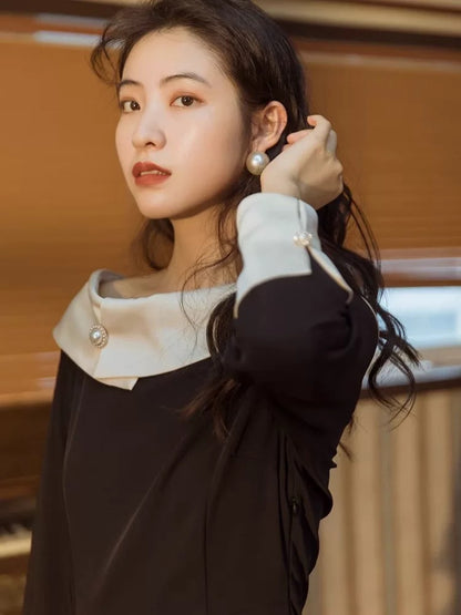 Autumn women's French design niche retro one-line collar black dress Hepburn style little black skirt dress