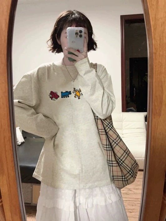 100% cotton American retro Hong Kong style chic straight shoulder long-sleeved T-shirt women's loose lazy niche design top
