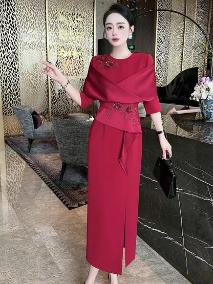 2023 Autumn and Winter Heavy Industry Embroidered Beaded Red Wedding Banquet Red Dress Dress Western Fashion Slim Dress