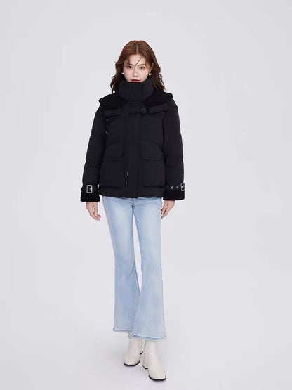 Volstagg Short Stand Collar Down Jacket Women's Winter Lamb Wool Polar Fleece Design Navy Collar Thick Jacket