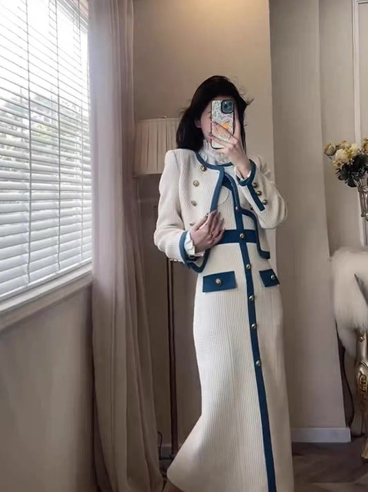 High-end small fragrance style fashionable contrasting color metal buckle short jacket suspender long skirt suit spring and autumn new two-piece set
