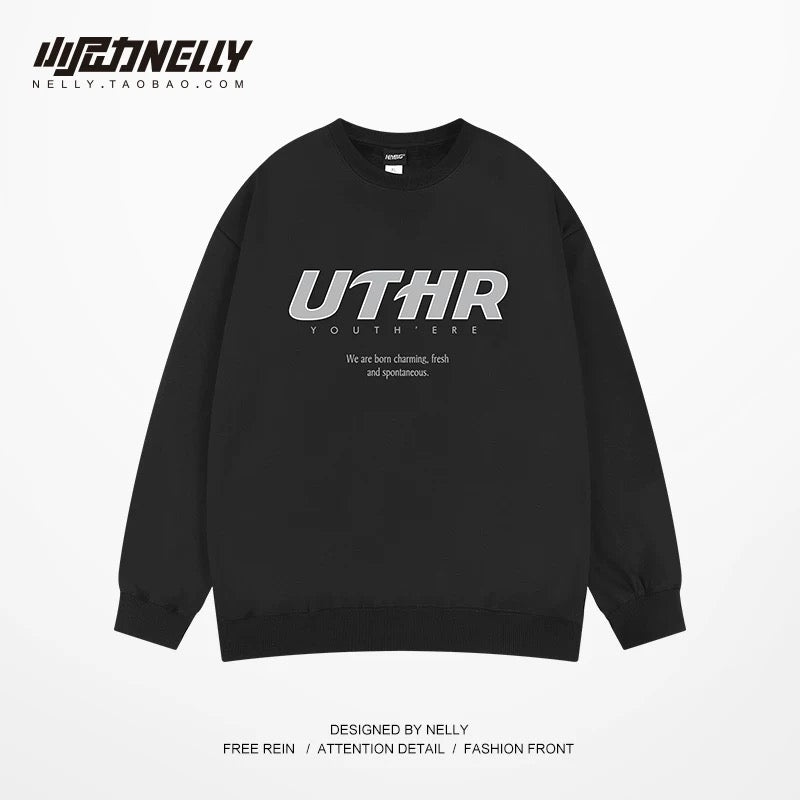 Heavyweight crew neck sweatshirt men's winter American retro hip-hop trendy brand printed casual top plus velvet thickened jacket