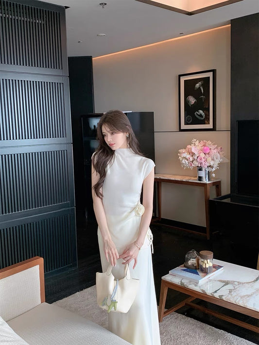 ByYou slim fit rabbit velvet white half turtleneck sweater suit women's long slim hip-hugging skirt two-piece set